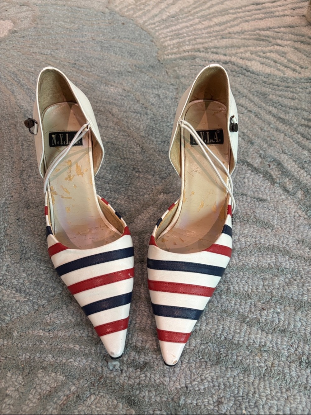 N.Y.L.A. Striped Pointed-Toe Ankle-Strap Pumps - White/Red/Navy - Picture 2 of 8
